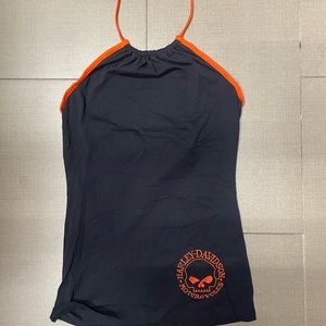 Harley-Davidson Black w/orange halter top.